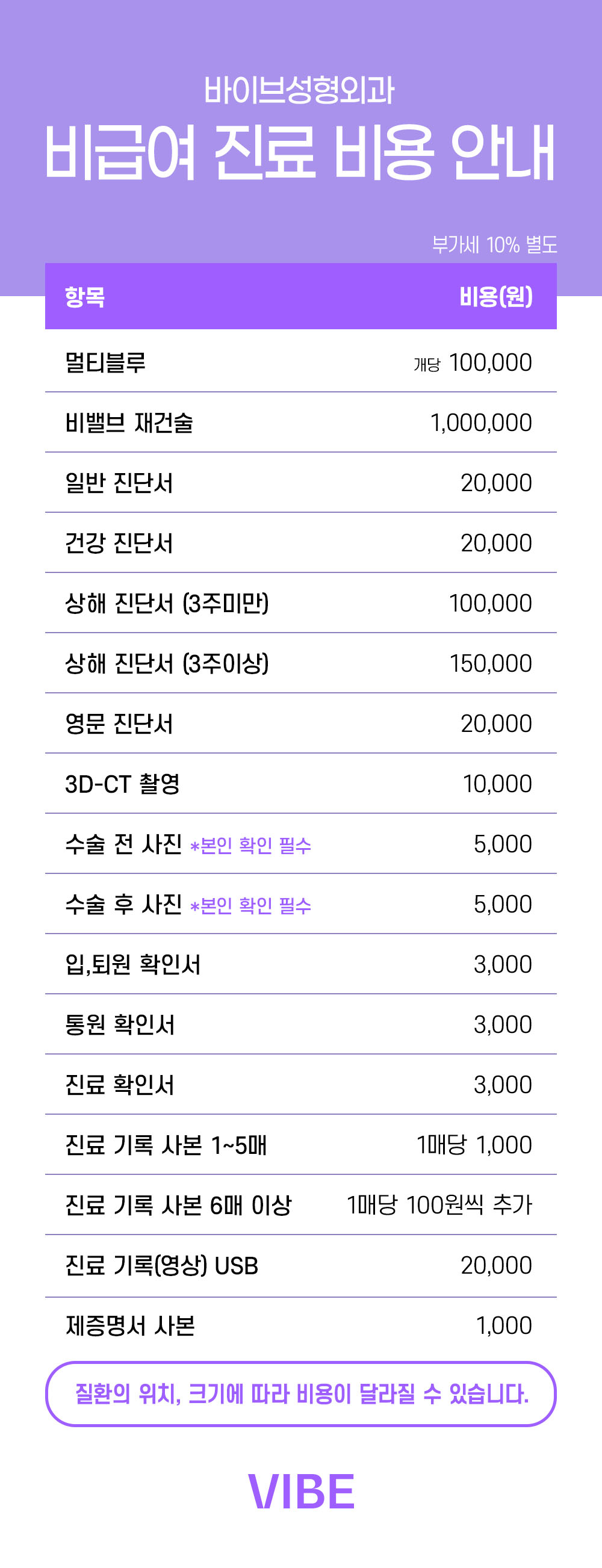 바이브 비급여 진료 비용 안내